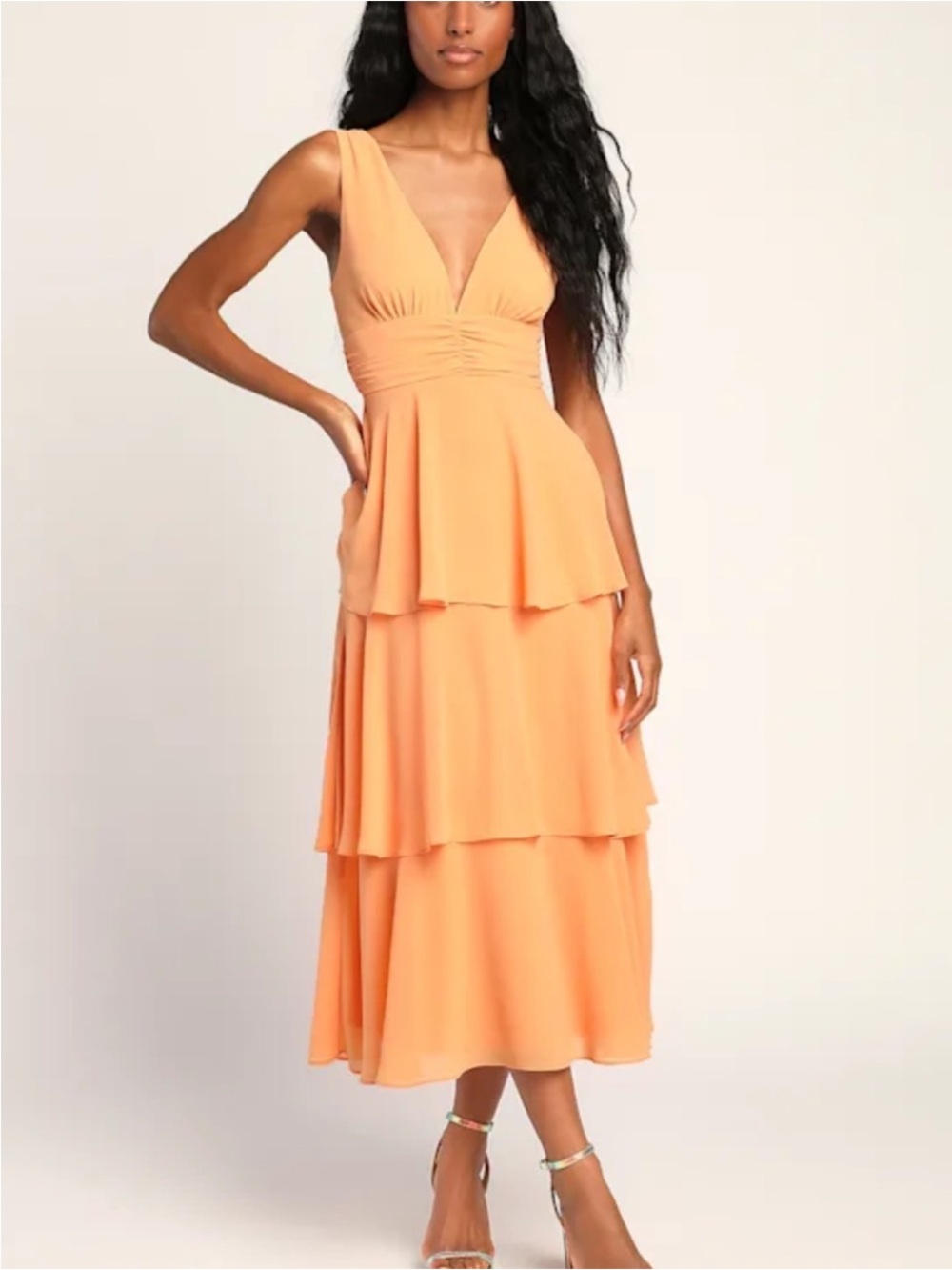 New Lulus Celebration Time Sleeveless Tiered V-Neck Midi Dress Sz Large